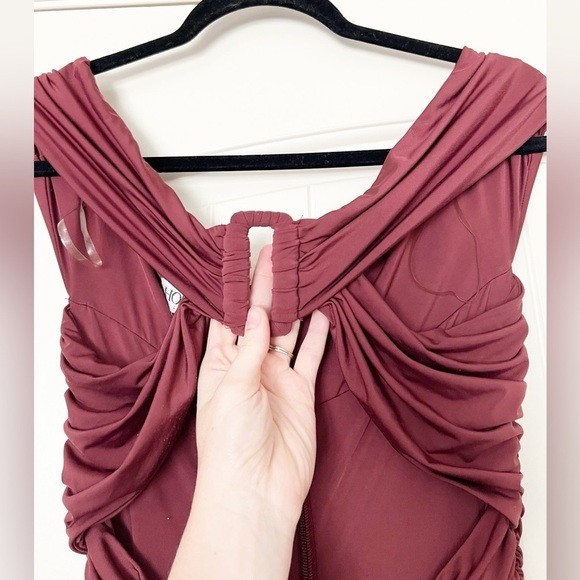 House of CB London Tiggy Wine Off Shoulder Ruched Front Bardot Dress - Picture 7 of 12